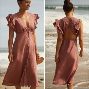 CHARLIE HOLIDAY. x Anthropologie Linen Blend Ruffle Open Back Midi Dress US 10